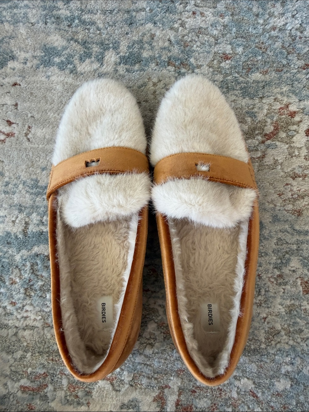 Birdies Tan Loafers with Cream Faux Fur Trim